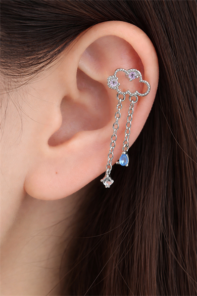 Gümüş Renk Bulut Figürlü Taş Detaylı Cerrahi Çelik Tragus/Kıkırdak Küpe/Piercing (Tek)