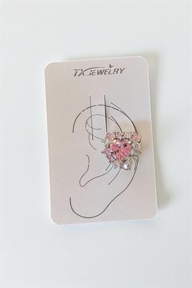 Gümüş Renk Kalp Figürlü Taş Detaylı 14K Altın Kaplama TX Ear Cuff (Tek)