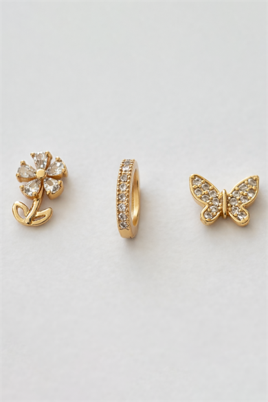 Altın Renk Karışık Figürlü Taş Detaylı 3lü YSX Küpe Set