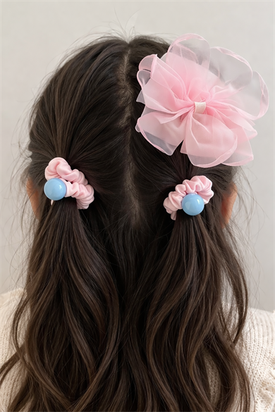 Pembe Renk Kurdele Figürlü Yan Toka Ve Lastik Toka Set