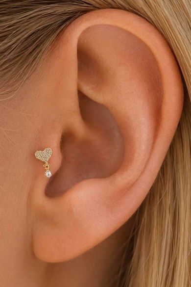 Altın   Renk Kalp Figürlü İnci Detaylı   Taşlı Cerrahi Çelik Tragus/Kıkırdak Küpe/Piercing (Tek)