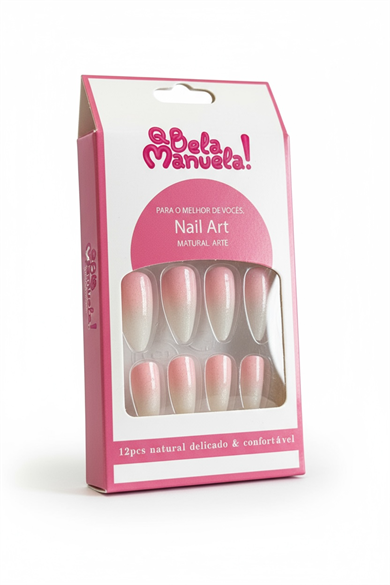 12li Pembe Ve Beyaz Renk Sim Detaylı Takma Tırnak Set (Yapıştırıcılı)