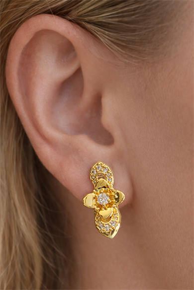 Altın Renk Çiçek Figürlü Taşlı 14K Altın Kaplama Tx Küpe (Çift)