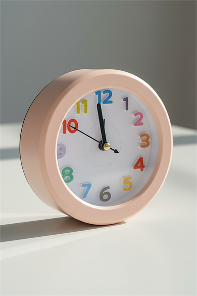 Pembe Renk Mini Dekoratif Alarmlı Yuvarlak Masa Saati