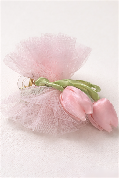 Pembe Renk Lale Figürlü Tül Detaylı Mandal Toka