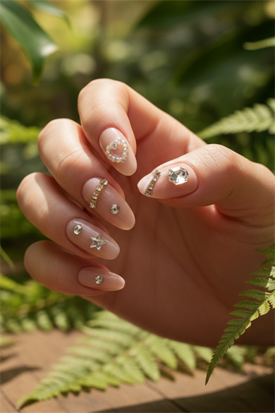 12li Nude Taş Detaylı Krem Renk Takma Tırnak Set (Yapıştırıcılı)