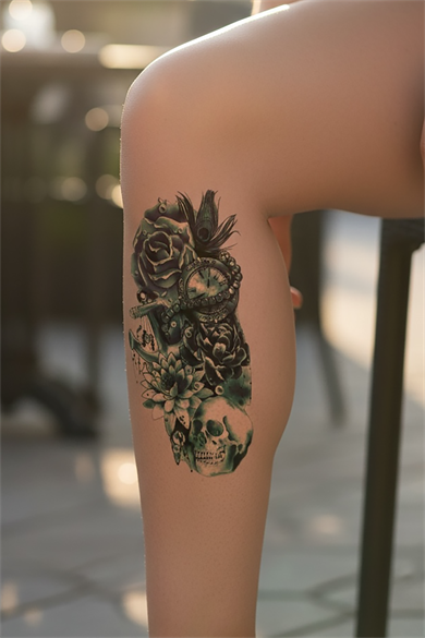 Geçici Kurukafa ve Gül Dövme Tattoo