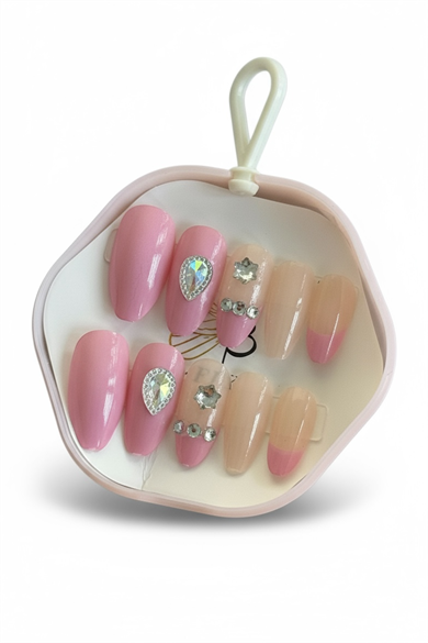 12li Pembe Renk Taş Detaylı Takma Tırnak Set (Yapıştırıcılı)