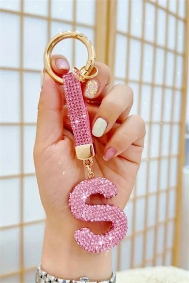 Pembe Renk S Harf Taşlı Çanta Charm/ Anahtarlık