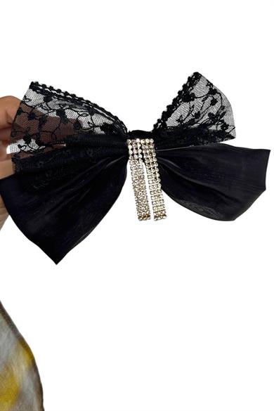 Siyah Renk Kurdele Figürlü Taş Detaylı Otomat Toka