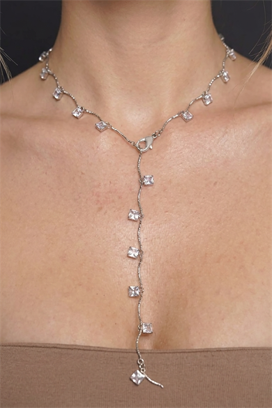 Gümüş Renk Taş Detaylı Çelik Y Kolye