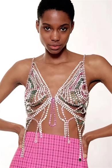 Gümüş Renk Taşlı Bikini Üstü /Bralet /Vücut Aksesuarı