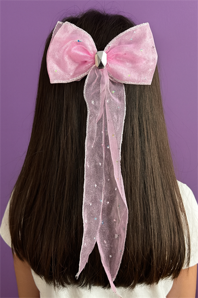 Pembe Renk Yıldız Detaylı Taşlı Kurdele Otomat Toka