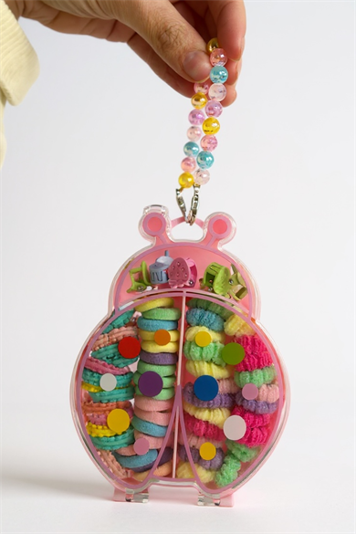 Pembe Renk Uğur Böceği Figürlü Boncuklu Çantalı Toka Seti