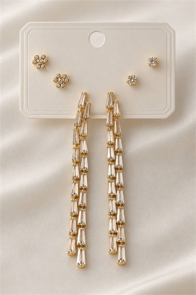 6lı Altın Renk Taşlı Sallantılı Küpe Set