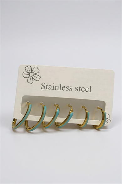 6lı Altın Ve Mavi Renk Çelik Halka Küpe Set