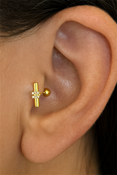 Altın Renk Taş Detaylı Cerrahi Çelik Tragus/Kıkırdak Küpe/Piercing (Tek)