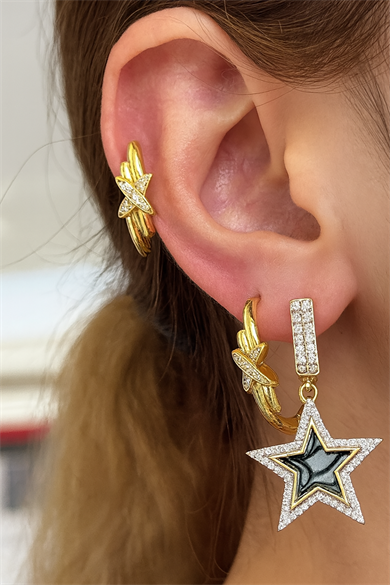 Altın Renk Yıldız Detaylı Taş Detaylı VİP 3lü YSX Küpe Set 