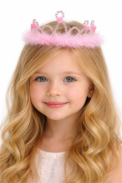 Pembe Renk Tüy Ve Boncuk Detaylı Çocuk Taç
