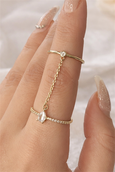 Altın Renk Taş Detaylı Sallantılı İkili Ayarlanabilir Yüzük