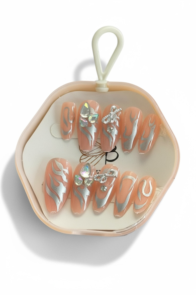 12li Bej Renk Taş Detaylı Takma Tırnak Set (Yapıştırıcılı)