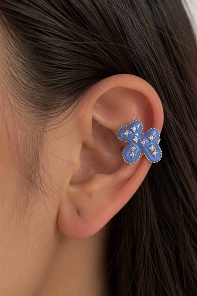 Gümüş Renk Köpek Figürlü Taş Detaylı 14K Altın Kaplama TX Ear Cuff (Tek)