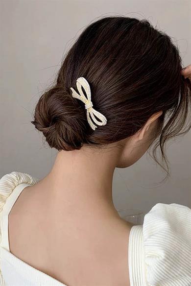 Altın Renk Kurdele Figürlü İnci Detaylı Topuz Tokası