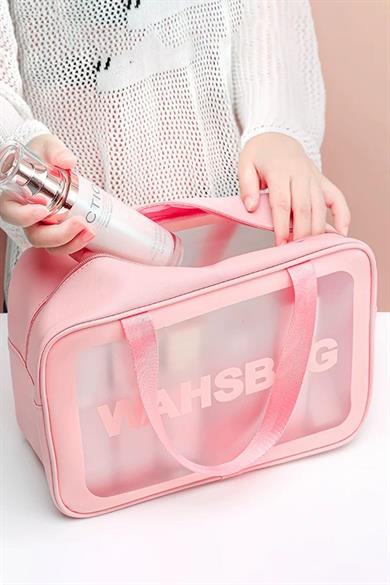 Pembe Renk Washbag Yazılı Su Geçirmez Büyük Boy Makyaj Çantası