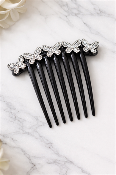 Siyah Renk Kelebek Figürlü Taş Detaylı Tarak Toka