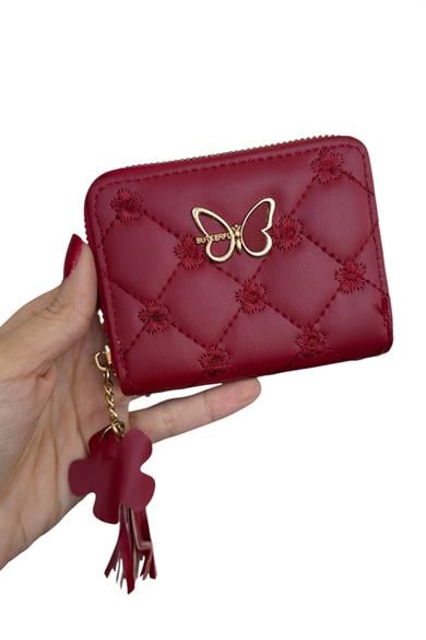 Kırmızı Renk Kelebek Detaylı Deri Kadın Cüzdan