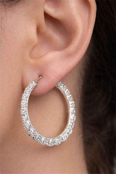 Gümüş Renk Taş Detaylı Halka Küpe (Çift)