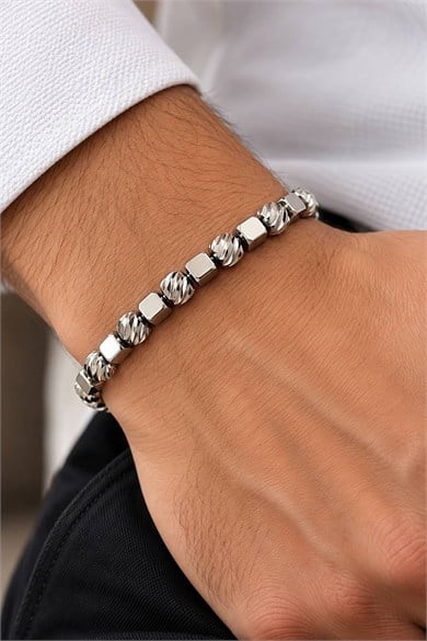 Gümüş Renk Top Detaylı Unisex Çelik Bileklik 