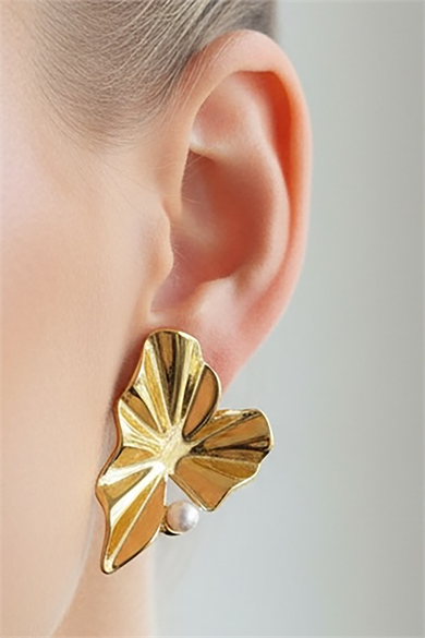 Altın Renk İnci Detaylı Çelik Küpe (Çift)