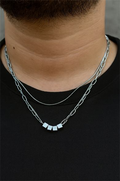Gümüş Renk Erkek Zincir Çoklu Çelik Kolye (55cm)