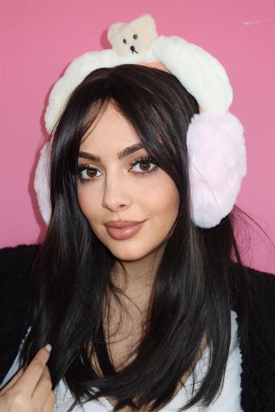 Beyaz Ve Açık Pembe Renk Ayıcık Figürlü Peluş Kulaklık
