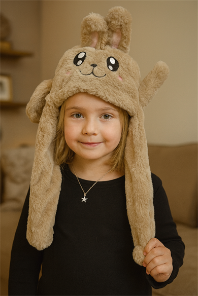 Kahverengi Tavşan Figürlü Kulakları Oynayan Peluş Şapka