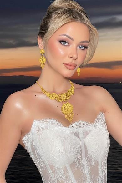 Altın Renk Çelik Kolye, Küpe, Bileklik, Yüzük Düğün Kına Nişan Gelin Seti