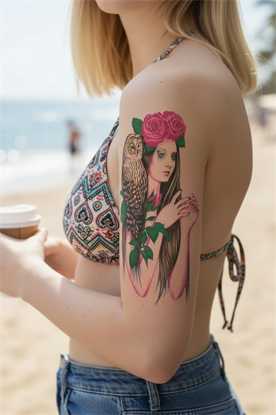 Geçici Kadın, Gül ve Baykuş Dövme Tattoo