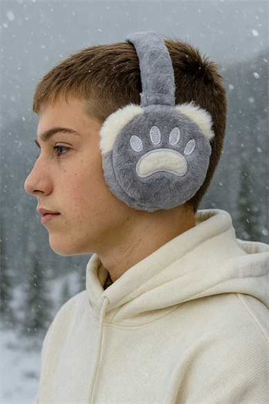 Gri Renk Pati Figürlü Peluş Kulaklık