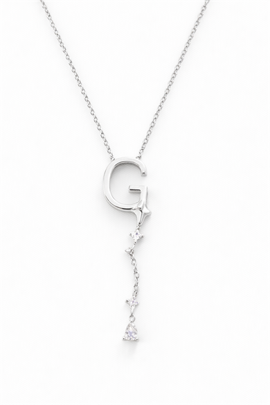 Gümüş Renk G Harfli Taş Detaylı Çelik Kolye