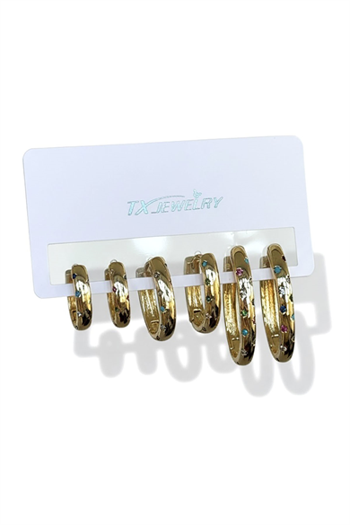 Altın Renk 6lı Taş Detaylı TX 14K Altın Kaplama Küpe Set