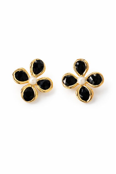 Altın Ve Siyah Renk Çiçek Figürlü Küpe (Çift)