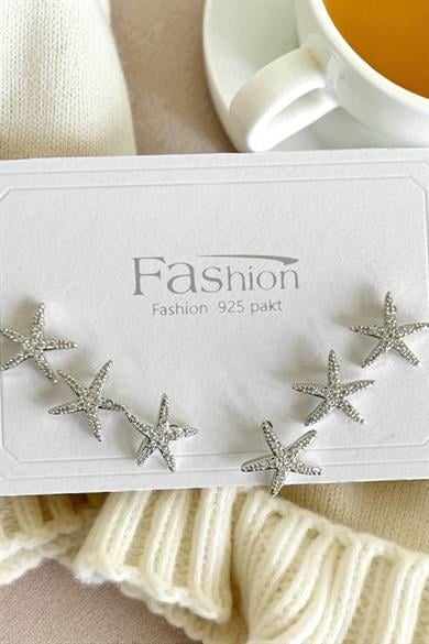 6lı Gümüş Renk Yıldız Figürlü Küpe Set