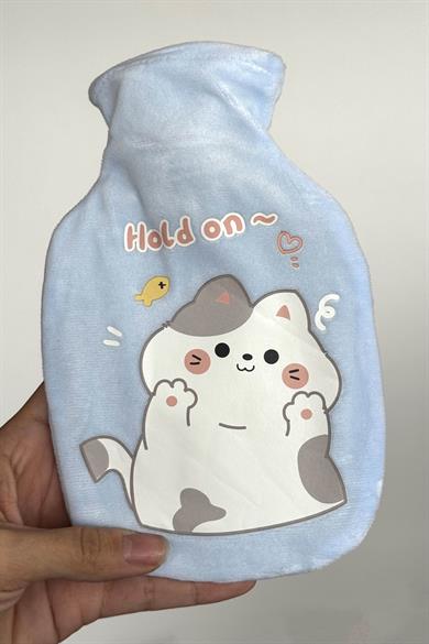 Mavi Renk Kedi Figürlü Peluş Sıcak Su Torbası