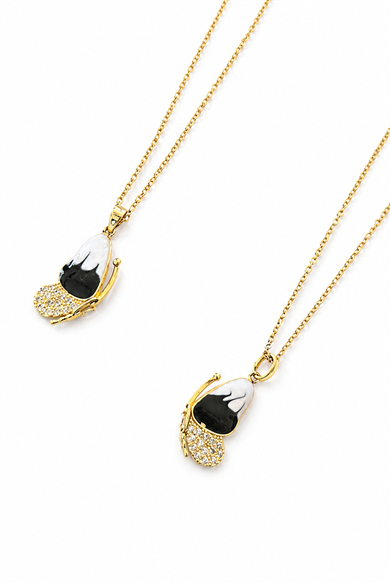 Altın  Renk Kelebek Figürlü Taş Detaylı Mıknatıslı Çelik Arkadaşlık Kolyesi