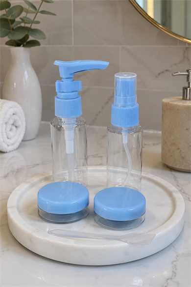 Mavi Renk Seyahat Kiti/ 4lü Doldurulabilir Şişe Set+Krem Kutusu