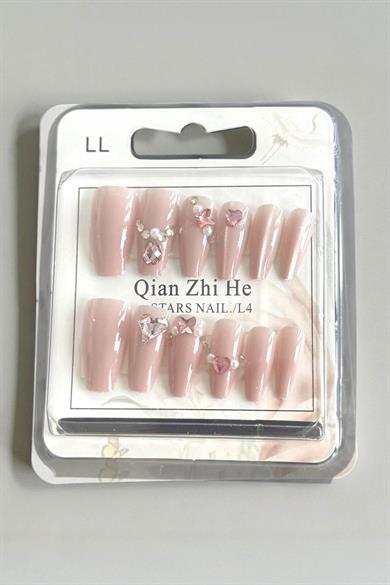 12li Pembe Renk Taş Detaylı Takma Tırnak Set (Yapıştırıcılı)