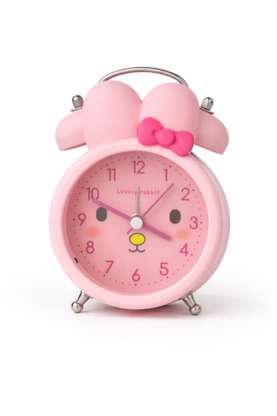 Pembe Renk Tavşan Figürlü Mini Dekoratif Işıklı Alarmlı Yuvarlak Masa Saati