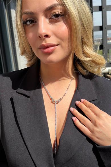 Gümüş Renk Taş Detaylı 14K Altın Kaplama Kolye