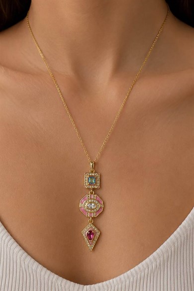 Altın  Renk Pembe  Mineli  Çelik Kolye